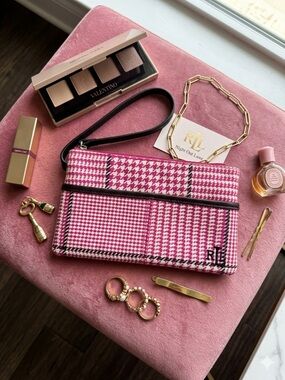 Pink Houndstooth Wristlet Clutch - Embroidered NWOT
